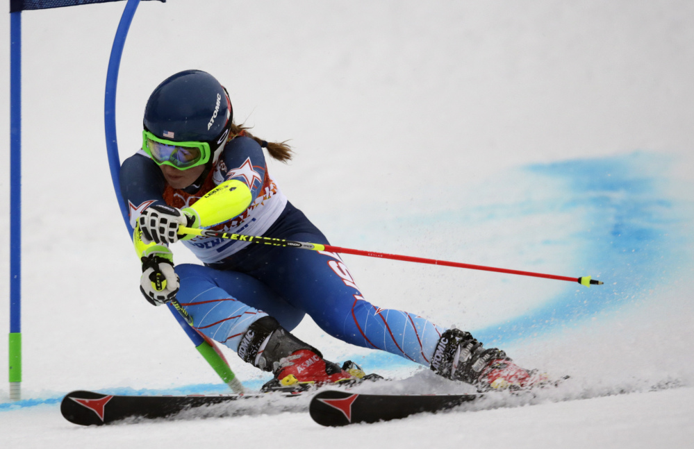 United States’ Mikaela Shiffrin passes a gate in the first run of the women’s giant slalom at the Sochi 2014 Winter Olympics on Tuesday.