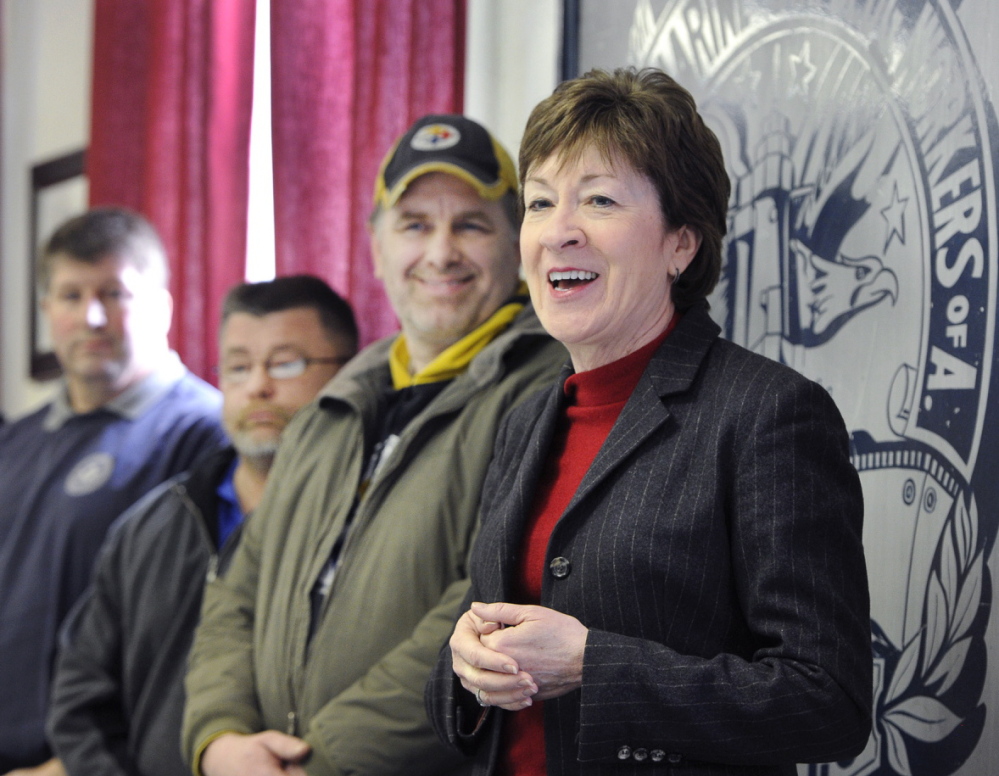 Sen. Susan Collins, a Republican from Maine, visits Bath Iron Works on Tuesday on a visit to speak with BIW President Frederick Harris and union representatives.