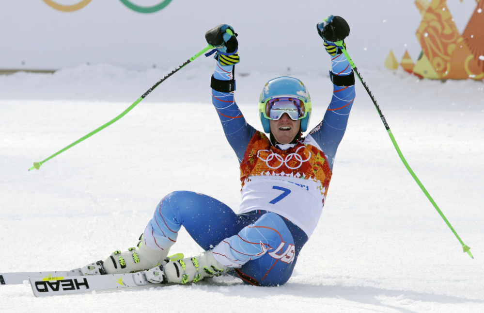 Ted Ligety celebrates after winning the gold medal in the men’s giant slalom Wednesday at the Sochi 2014 Winter Olympics in Krasnaya Polyana, Russia.