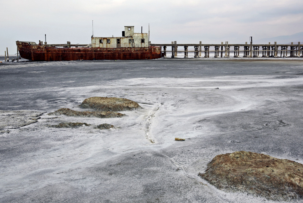 An abandoned ship is stuck in solidified salt at Lake Oroumieh in Iran. One of the biggest saltwater lakes on Earth, it has shrunk more than 80 percent in the past decade because of climate change, expanded irrigation for farms and the damming of rivers, experts say.