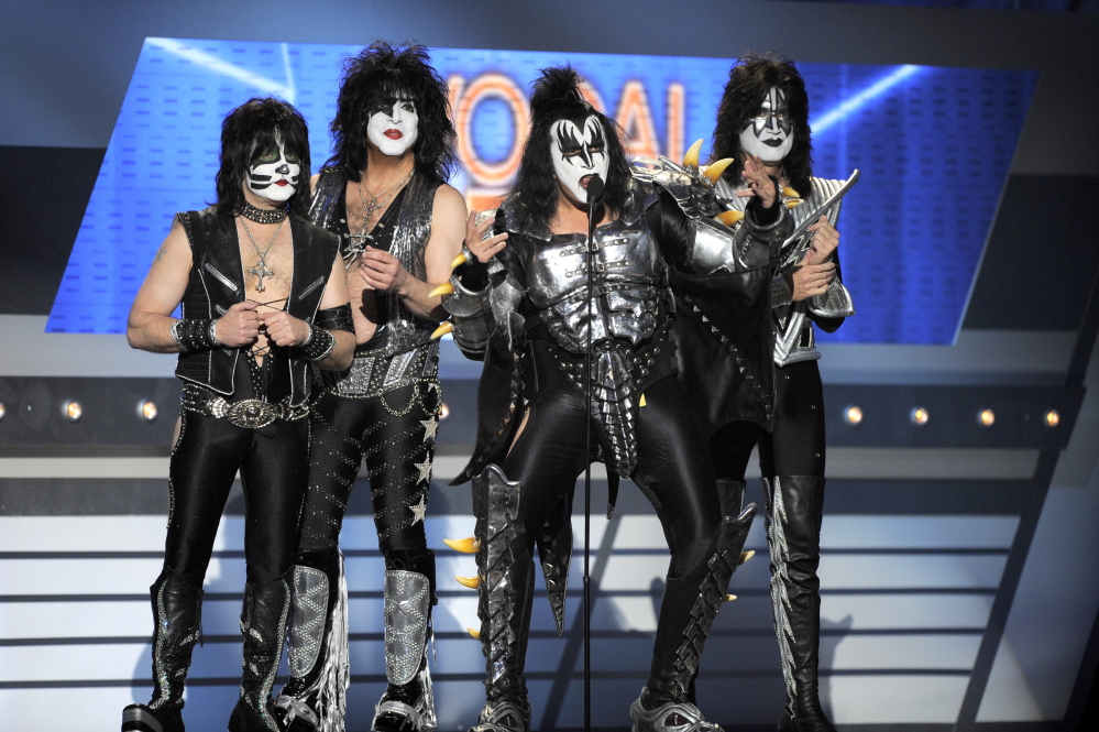 KISS, from left, Eric Singer, Paul Stanley, Gene Simmons and Tommy Thayer, won’t play when the band is inducted into the Rock and Roll Hall of Fame on April 10.