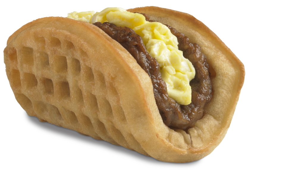 Taco Bell’s Waffle Taco features sausage or bacon, eggs and cheese and comes with a side of syrup.
