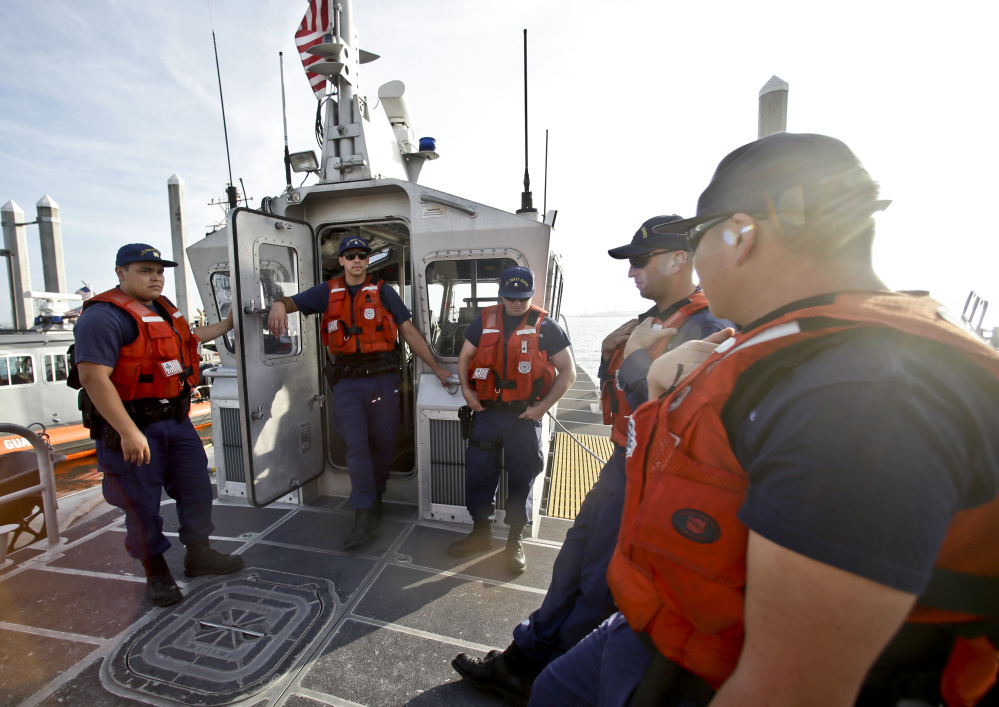 The crew of a 45-foot Coast Guard patrol boat runs through its pre-departure briefing in San Diego recently. With the drug war locking down land routes across Latin America and at the U.S. border, smugglers are increasingly using large vessels to carry tons of cocaine and marijuana to the U.S.