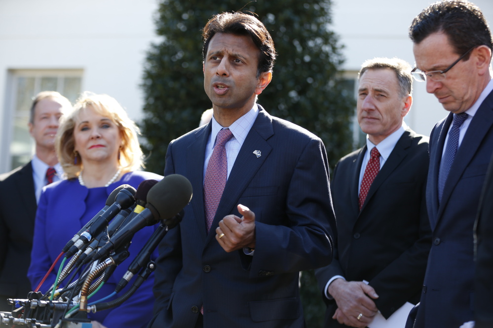 Louisiana Gov. Bobby Jindal, center, speaks to reporters outside the White House in Washington on Monday following a meeting between President Obama and members of the National Governors Association. From left are Maryland Gov. Martin O’Malley, Oklahoma Gov. Mary Fallin, Jindal, Vermont Gov. Peter Shumlin, and Connecticut Gov. Dannel Malloy.