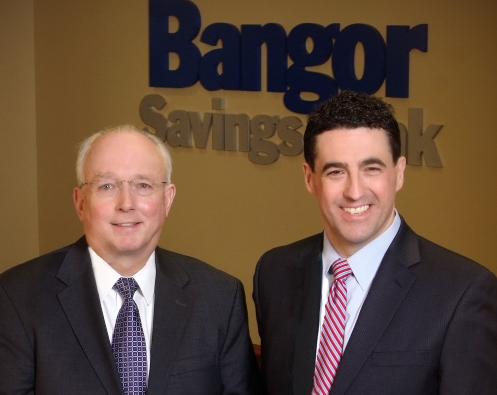 James Conlon, left, plans to retire as president and CEO of Bangor Savings Bank in June 2015, and Robert Montgomery-Rice, right, will take over.