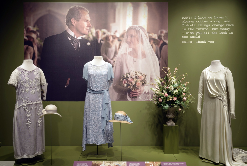 Costumes from the British television drama “Downton Abbey,” are displayed at the Winterthur Museum Wilmington, Del.