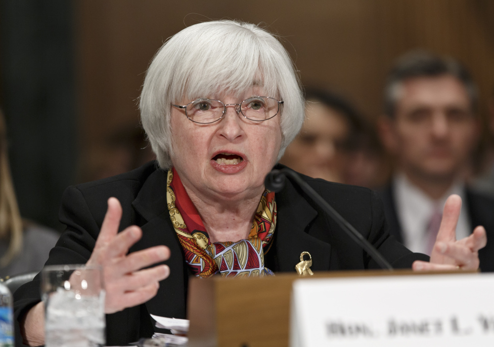 Federal Reserve Chair Janet Yellen testifies on Capitol Hill in Washington on Thursday before the Senate Banking Committee. Yellen noted that some recent economic data have pointed to weaker-than-expected gains in consumer spending and job growth.