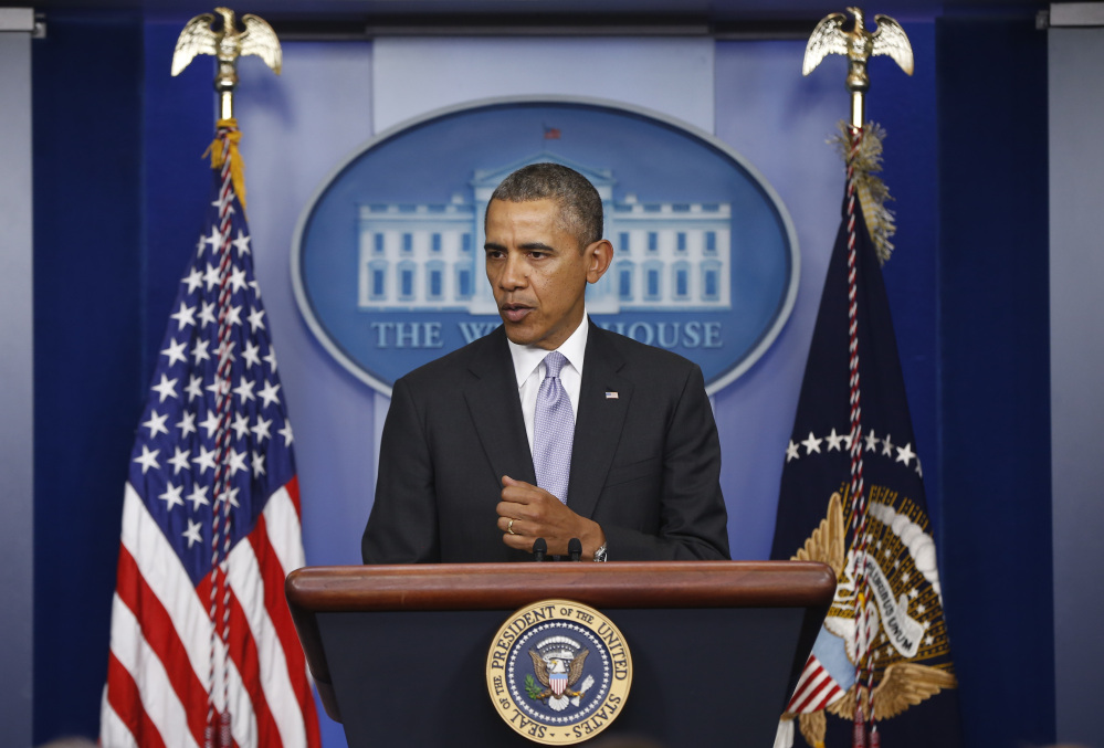 President Barack Obama speaks about Ukraine in the James Brady Press Briefing Room at the White House in Washington on Friday.
