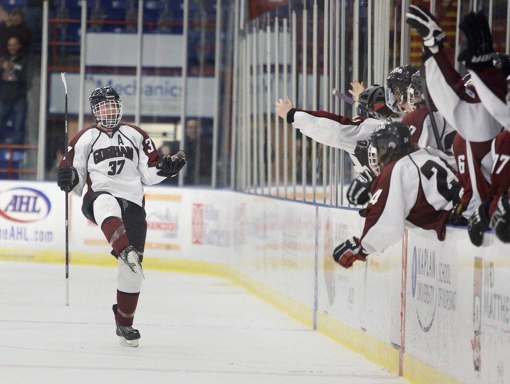 Shawn Sullivan celebrates his goal late in the third period that gave Gorham a 1-0 victory. The Rams will play defending state champion Greely in the regional final Wednesday.