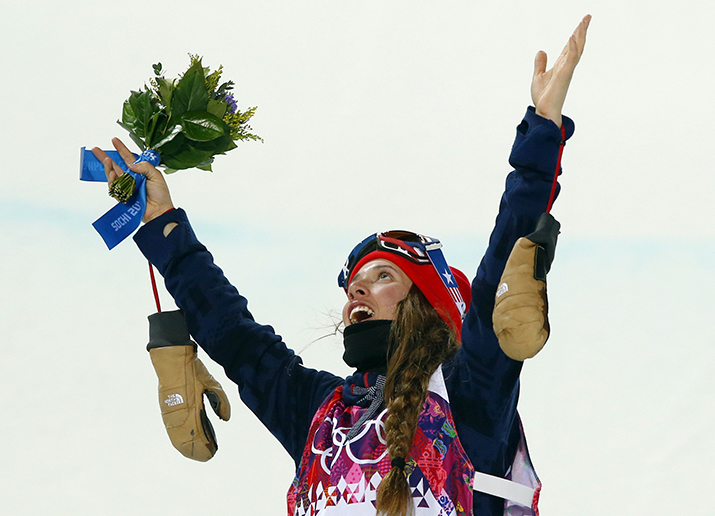 Maddie Bowman of the United States celebrates after winning the gold medal in the women's ski halfpipe final at the Rosa Khutor Extreme Park, at the 2014 Winter Olympics, Thursday, Feb. 20, 2014, in Krasnaya Polyana, Russia.(AP Photo/Sergei Grits) 2014 Sochi Olympic Games;Winter Olympic games;Olympic games;Spor