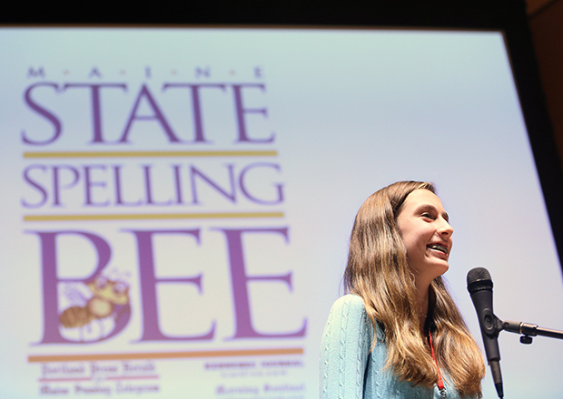 Lucy Tumavicus, 14, of Portland, representing Cumberland County, won the Maine State Spelling Bee on Saturday after a record 94 rounds at the Hannaford Lecture Hall at the University of Southern Maine in Portland.
