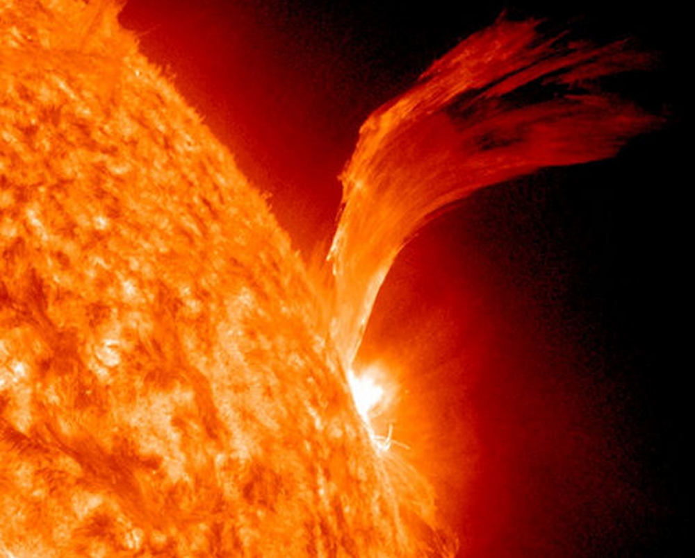 This image shows a solar flare just as sunspot 1105 was turning away from Earth on Sept. 8, 2010. The active region erupted, producing a solar flare and a fantastic prominence.