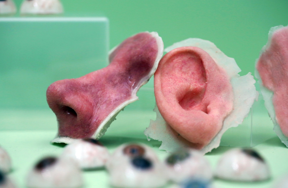 A 3-D printed prosthetic nose and ear are displayed at an industry show in London in November. The technology may eventually help reduce organ shortages.