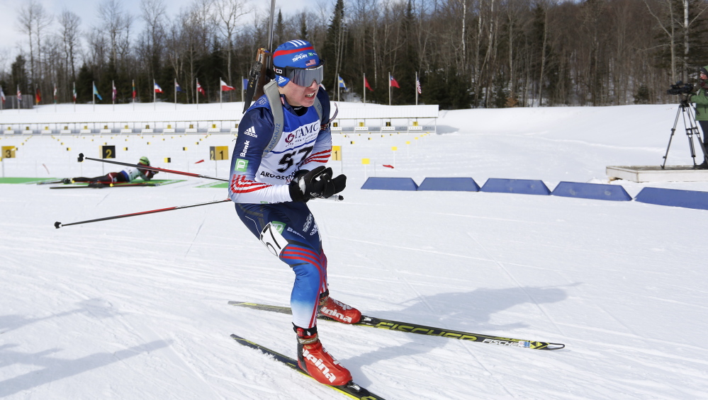 Kamran Husain, 16, a Fort Kent Community High School sophomore, leaves the shooting range and heads up course while competing Friday in the youth men’s 7.5-kilometer sprint in the IBU Biathlon Youth/Junior World Championships in Presque Isle.