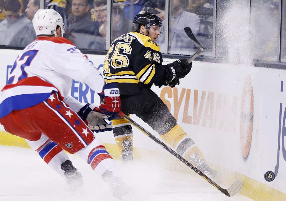 David Krejci of the Bruins sends the puck past Washington’s Karl Alzner in the second period Saturday at Boston. The Capitals won, 4-2.