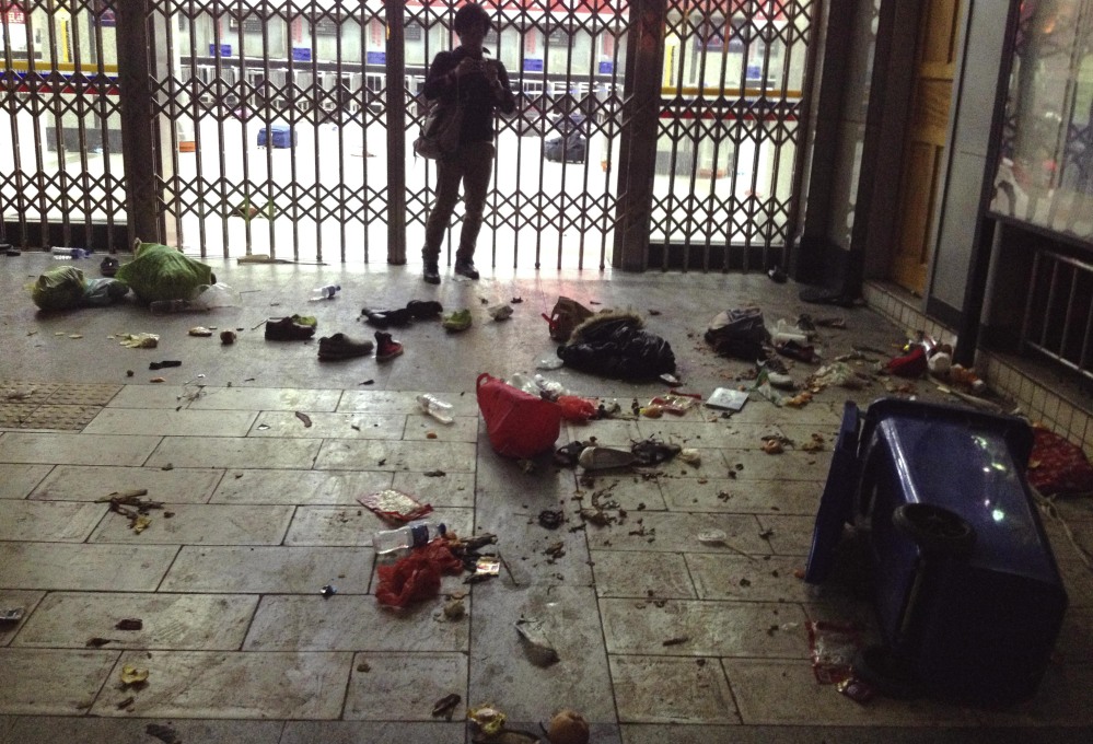 Scattered luggage is seen inside the Kunming Railway Station in Kunming, capital of southwest China’s Yunnan Province. More than 10 assailants slashed scores of people with knives at the train station in southern China in what officials said Sunday was a terrorist assault by ethnic separatists from the far west. Twenty-nine slash victims and four attackers were killed and 143 people wounded.
