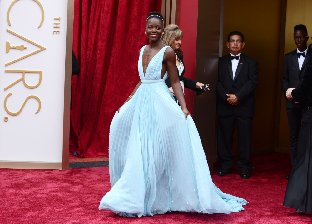 Lupita Nyong’o arrives at the Oscars on Sunday at the Dolby Theatre in Los Angeles.