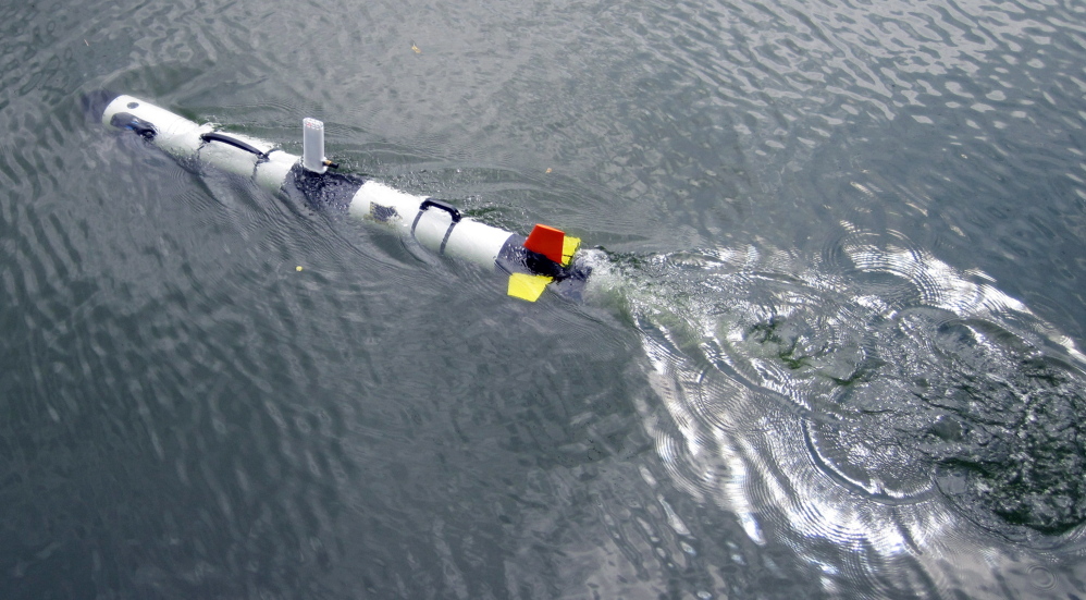 This photo shows an Iver 3 autonomous underwater vehicle. Michigan Tech’s Great Lakes Research Center will use the device to conduct sonar inspections of the Enbridge oil pipelines beneath the Straits of Mackinac.