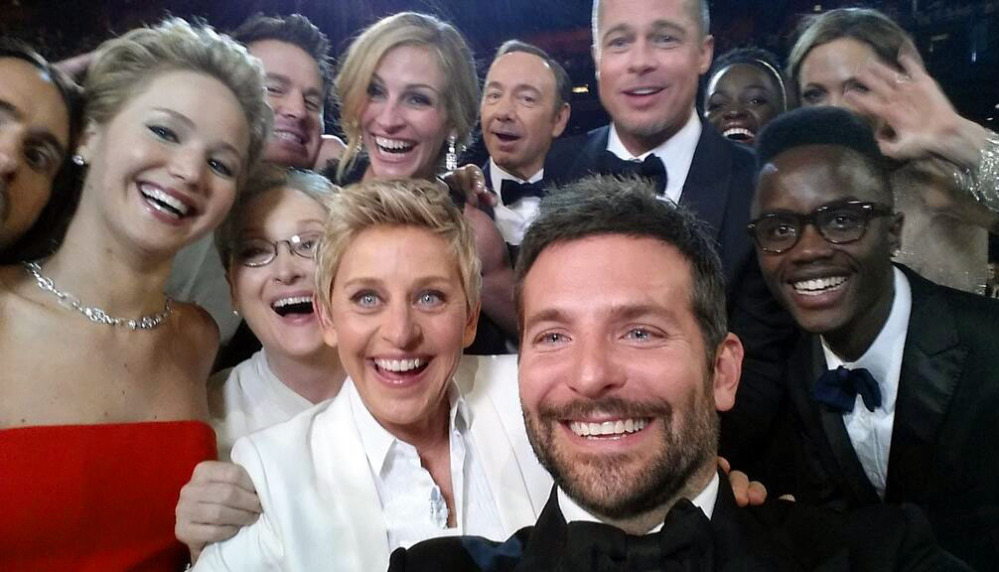 This image released by Ellen DeGeneres shows actors, front row from left, Jennifer Lawrence, Meryl Streep, Ellen DeGeneres, Bradley Cooper and Peter Nyongío Jr.