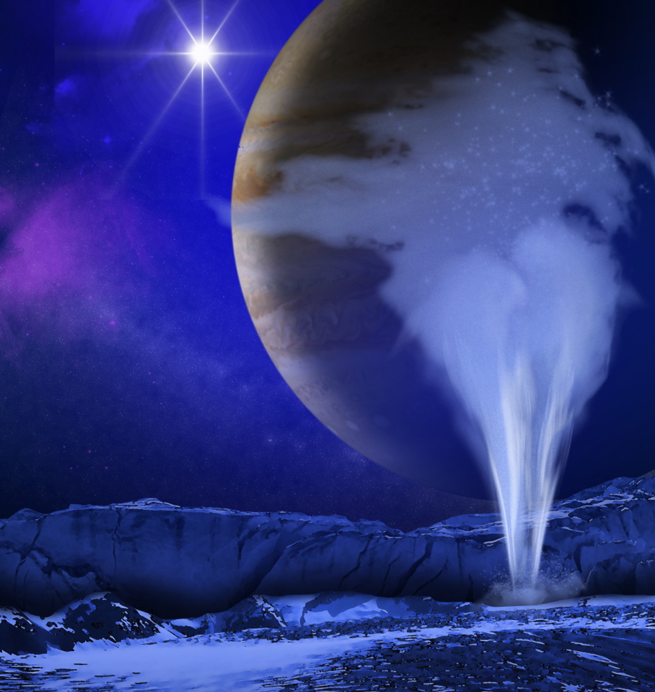 An artist’s concept shows a plume of water vapor and the surface of Jupiter’s watery moon Europa. Scientists could plan to fly a spacecraft through a water plume.