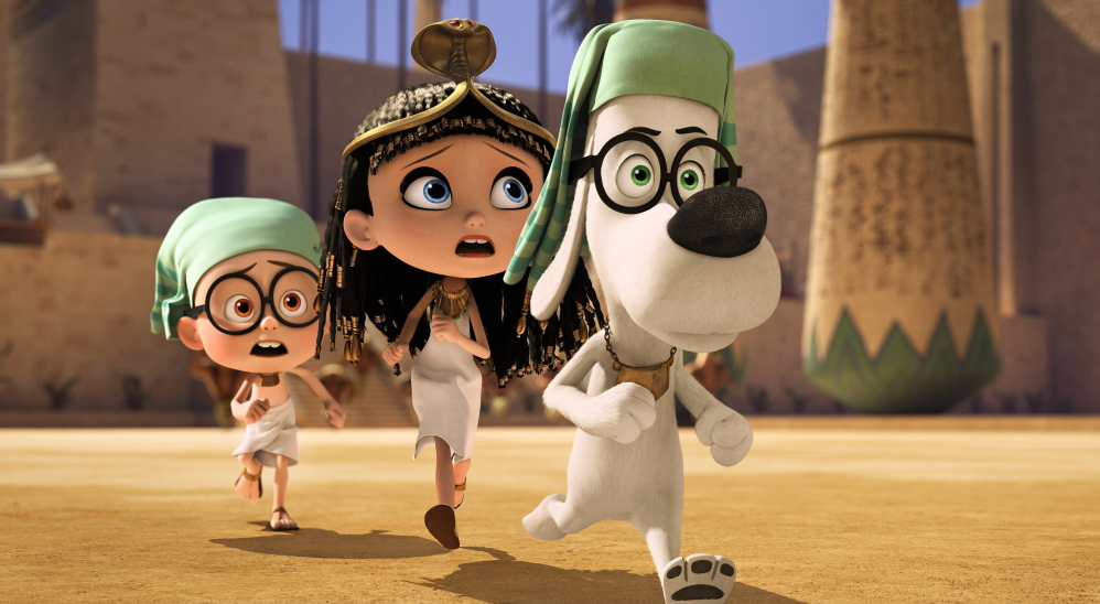 Sherman, voiced by Max Charles, Penny, voiced by Ariel Winter, and Mr. Peabody, voiced by Ty Burell, in a scene from "Mr. Peabody & Sherman."