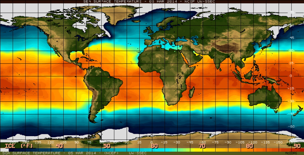 Sea surface temperature in the equatorial Pacific Ocean on March 5, 2014. El Niño is characterized by unusually warm temperatures and La Niña by unusually cool temperatures in the equatorial Pacific. The warmest temperatures are shown in red and the coldest temperatures in blue.