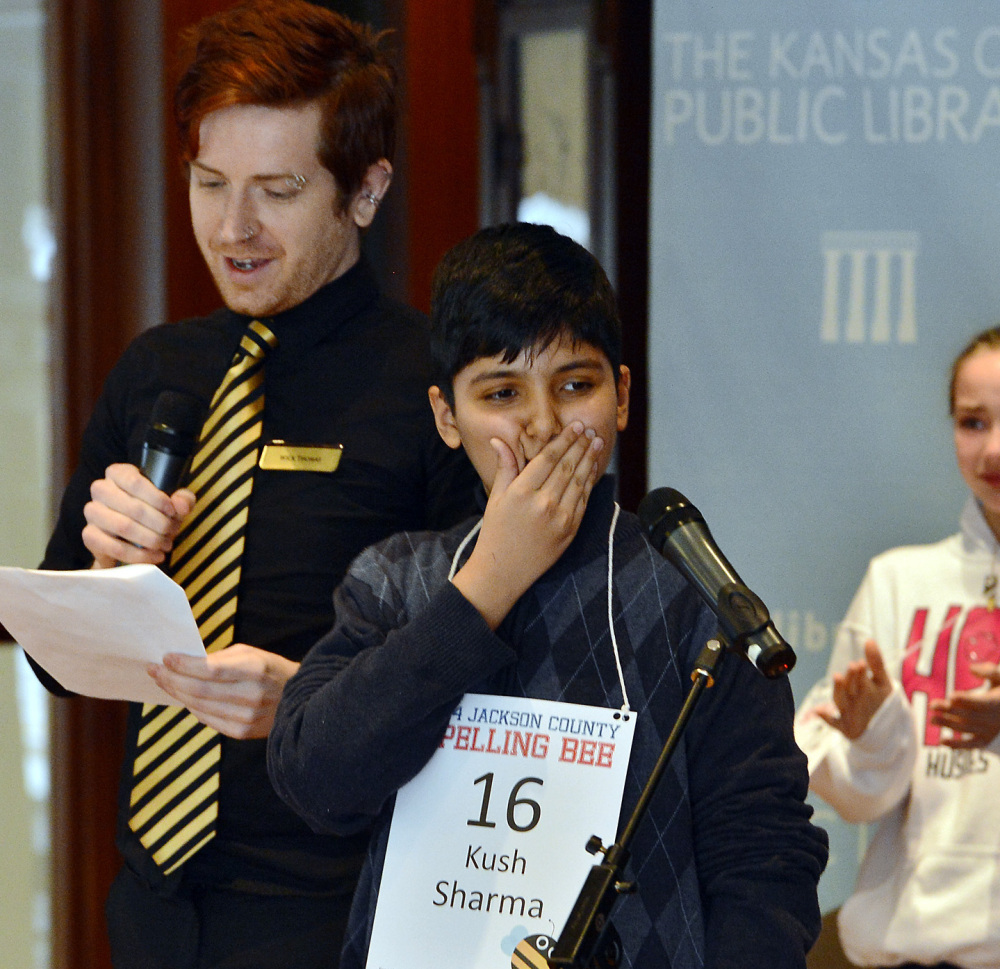Kush Sharma wins the Jackson County Spelling Bee in Kansas City, Mo., Saturday.