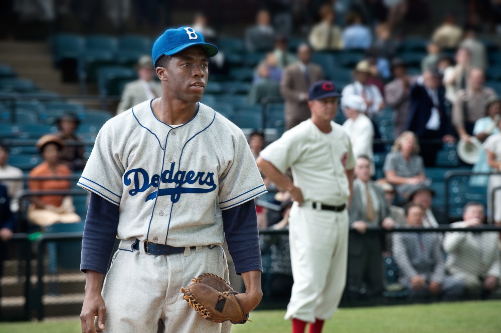 Chadwick Boseman as Jackie Robinson in “42,” about the breaking of the color barrier in Major League Baseball.