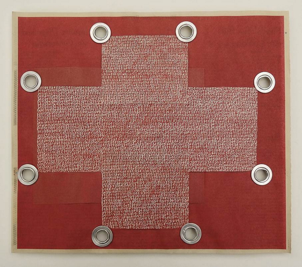 Karen MacDonald’s “Days (Red Cross),” collaged newspaper, color pencil on paper, and grommets.