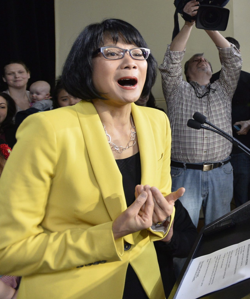 Olivia Chow speaks Thursday after she officially entered the race as a candidate for mayor of Toronto, opposing Mayor Rob Ford.