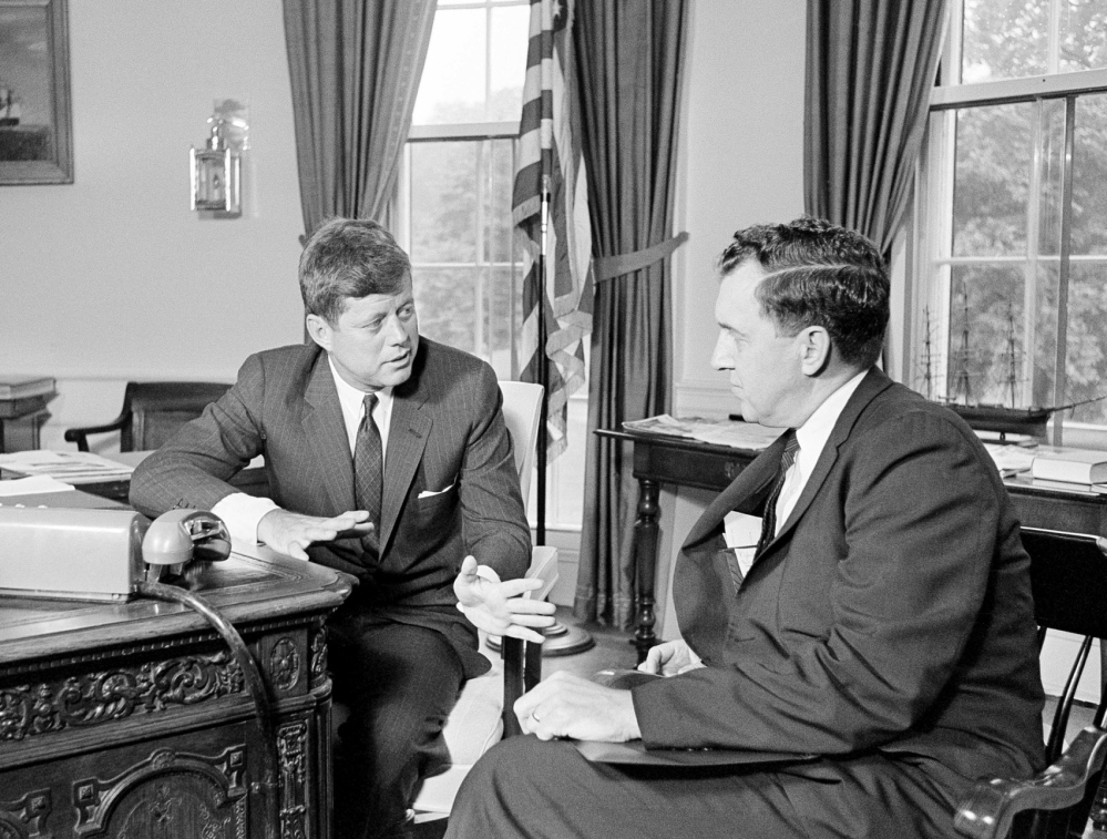 President John F. Kennedy talks with Sen. Edmund Muskie in the Oval Office in July 1961.