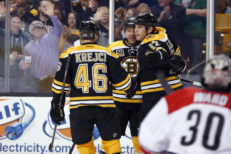 Boston Bruins’ Jarome Iginla, second from left, celebrates with David Krejci, 46, and Milan Lucic after scoring on Cam Ward in the second period Saturday at Boston.