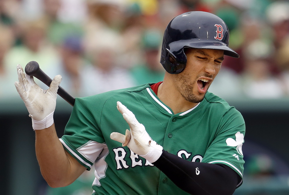 Grady Sizemore reacts after fouling a pitch off his leg during Monday’s exhibition game, but at least he wasn’t hurt. Sidelined by injuries for two seasons, he’s having a torrid spring and that presents somewhat of a happy dilemma for the talent-rich Red Sox.