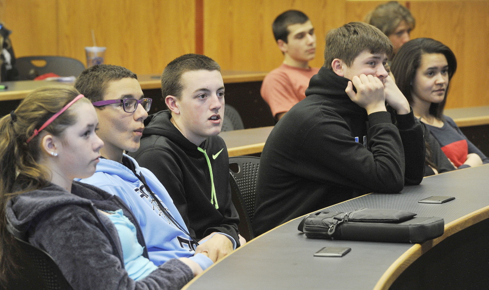 South Portland High School students listen to Gov. Paul LePage talk about some of his personal issues with abuse as a young man Tuesday. The governor was on hand to watch a video featuring students speaking out against bullying.