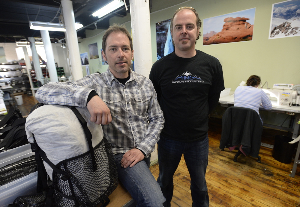 Mike St. Pierre, left, and his brother, Dan, are CEO and CFO, respectively, of Hyperlite Mountain Gear, manufacturing in Biddeford’s old mills.