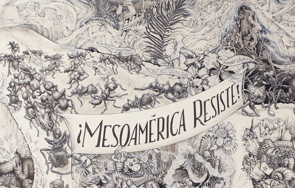 MACHIAS, ME - JANUARY 30: A detail from the 5 foot by 9 foot highly detailed poster created by the Beehive Collective titled Mesoamérica Resiste that deals with issues of globalization, free trade and militarization in the Americas, focusing on resistance to infrastructure projects in Central and South America. (Photo by Gregory Rec/Staff Photographer)