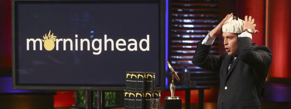 Max Valverde, a Scarborough High graduate living in Needham, Mass., demonstrates his Morninghead invention to end “bed head” on an episode of ABC’s “Shark Tank.” He will be on the show from 9-10 p.m. Friday trying to convince the investors to back his product.