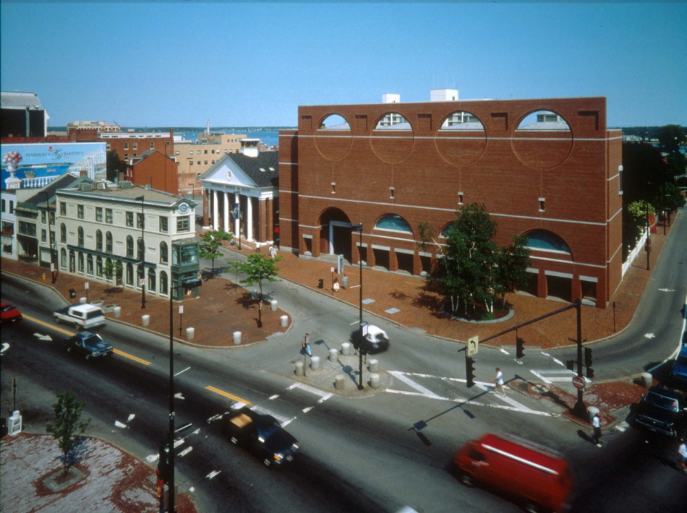 Congress Square is shown with the Portland Museum of Art, brick building, and Children’s Museum of Maine to its left.