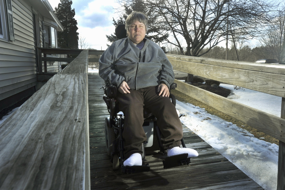 Maureen Wood, who uses a wheelchair, says her MaineCare rides have been extremely inconsistent since last year, and she's still missing many rides, which is a detriment to her health. March 20, 2014.