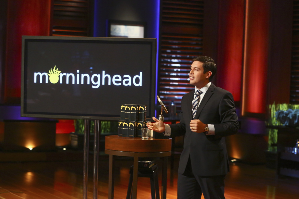 Max Valverde, a Scarborough High graduate living in Needham, Mass., demonstrates Morninghead, his invention to end “bed head,” on Friday night’s episode of ABC’s “Shark Tank.” He failed to convince the show’s investors to invest in his product.