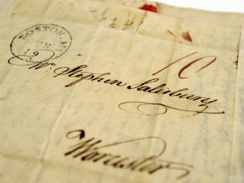 A letter addressed to Stephen Salisbury, in Worcester, Mass., still shows remnants of sealing wax at the top. Scholars say the abbreviated and ephemeral nature of today’s electronic communication fails to convey the depth of feeling that occurs in traditional letter writing.