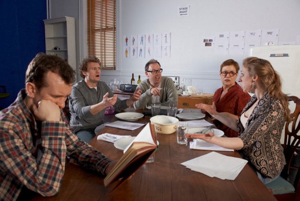 Garrett Zuercher, left, Matthew Stuart Jackson, Michael Sean McGuinness, Elizabeth West and Kat Moraros in “Tribes, an exploration of how a family copes when one of its members is deaf, opening this week at Portland Stage Company.