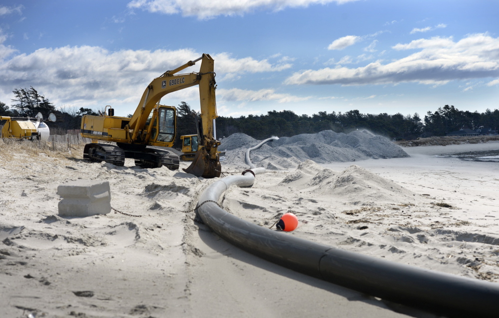The 115,000 cubic yards of sand to be dredged from the Scarborough River will be pumped onto Western Beach to restore what has been washed away in recent years – piping plover habitat and dunes for natural protection of the Prouts Neck Country Club.