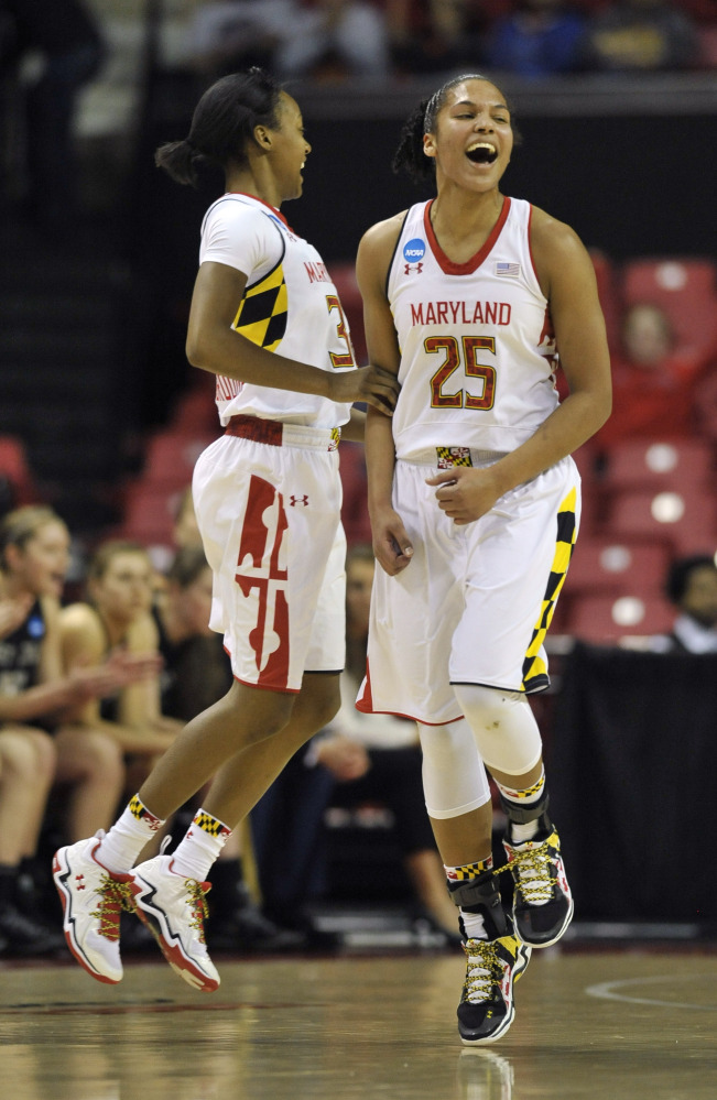 Maryland’s Alyssa Thomas, right, and Shatori Walker-Kimbrough celebrate after scoring against Army on Sunday.