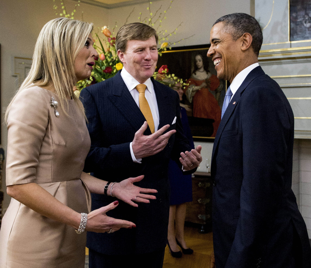 Dutch Queen Maxima and King Willem Alexander greet U.S. President Barack Obama in The Hague, Netherlands on Monday. The president also attended a G-7 summit arranged to deal with Russia’s annexation of Crimea.