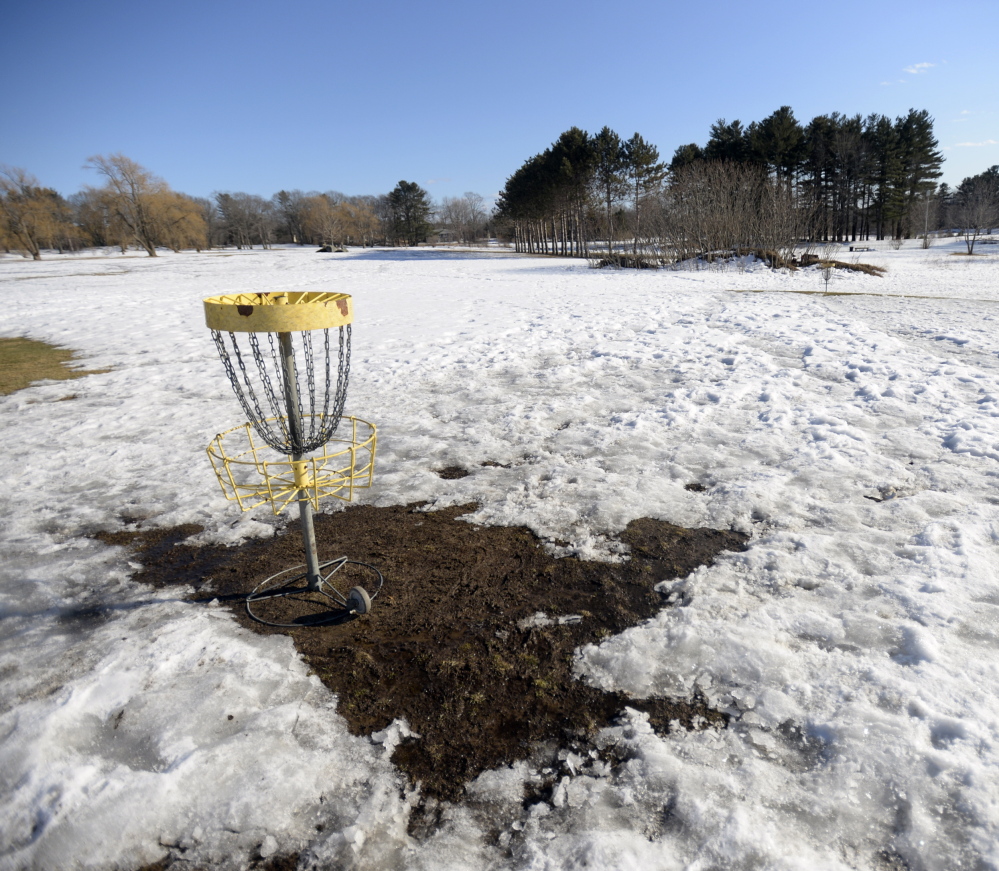 Pleasant Hill Disc Golf in Scarborough was still snow-covered Monday. Owner Kristi Stanley says she doesn’t know when it will open. “I’m tired of guessing,” she said.