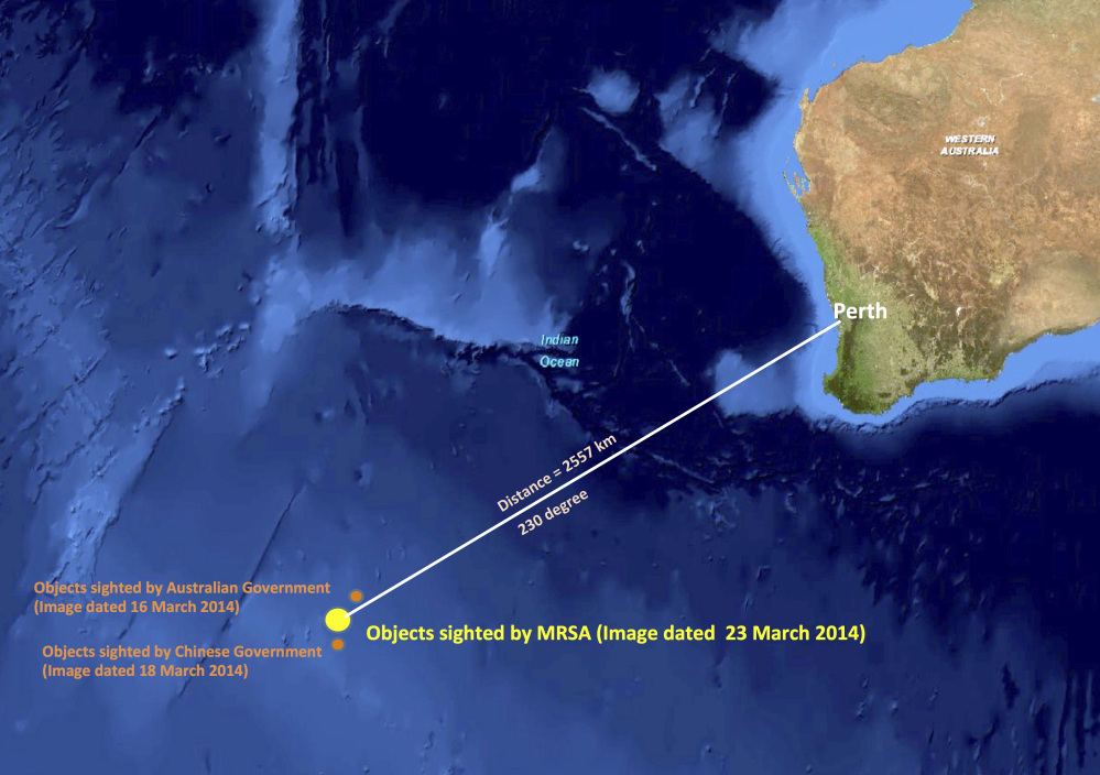This graphic released by the Malaysian Remote Sensing Agency on Wednesday, March 26, 2014, shows the approximate position of objects seen floating in the southern Indian Ocean in the search zone for the missing Malaysia Airlines flight MH370. Malaysian Defense Minister Hishammuddin Hussein said at a news conference in Kuala Lumpur, Wednesday that a satellite has captured images of 122 objects close to where three other satellites previously detected objects.