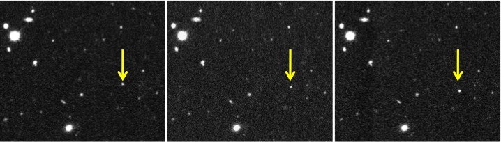 This combination of images provided by the Carnegie Institution for Science shows a new solar system object dubbed 2012 VP113, indicated by the yellow arrow, that was observed on November 2012 through a telescope in Chile. New research published in the journal Nature reveals it’s the second object to be discovered in the far reaches of the solar system far beyond the orbit of Pluto.
