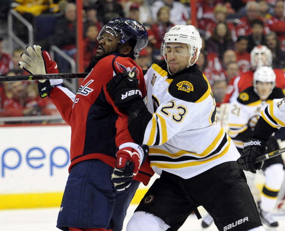 Bruins center Chris Kelly tangles with Capitals right wing Joel Ward in the first period Saturday at Washington.