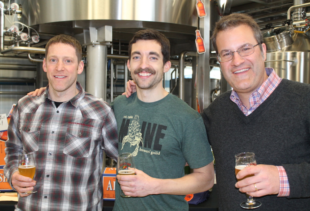Allagash brewmaster Jason Perkins with brewer Patrick Chavanelle and Rob Tod, Allagash Brewing Co. founder and brewer.